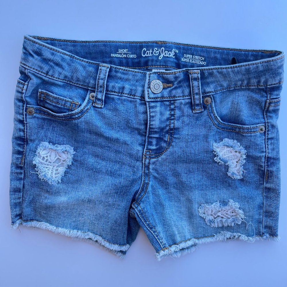 Girls M 7/8 Cat & Jack lace frayed denim shorts adjustable waist